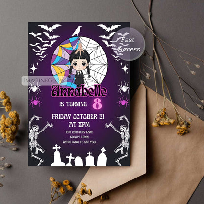 Printable Wednesday Addams kids party invite
