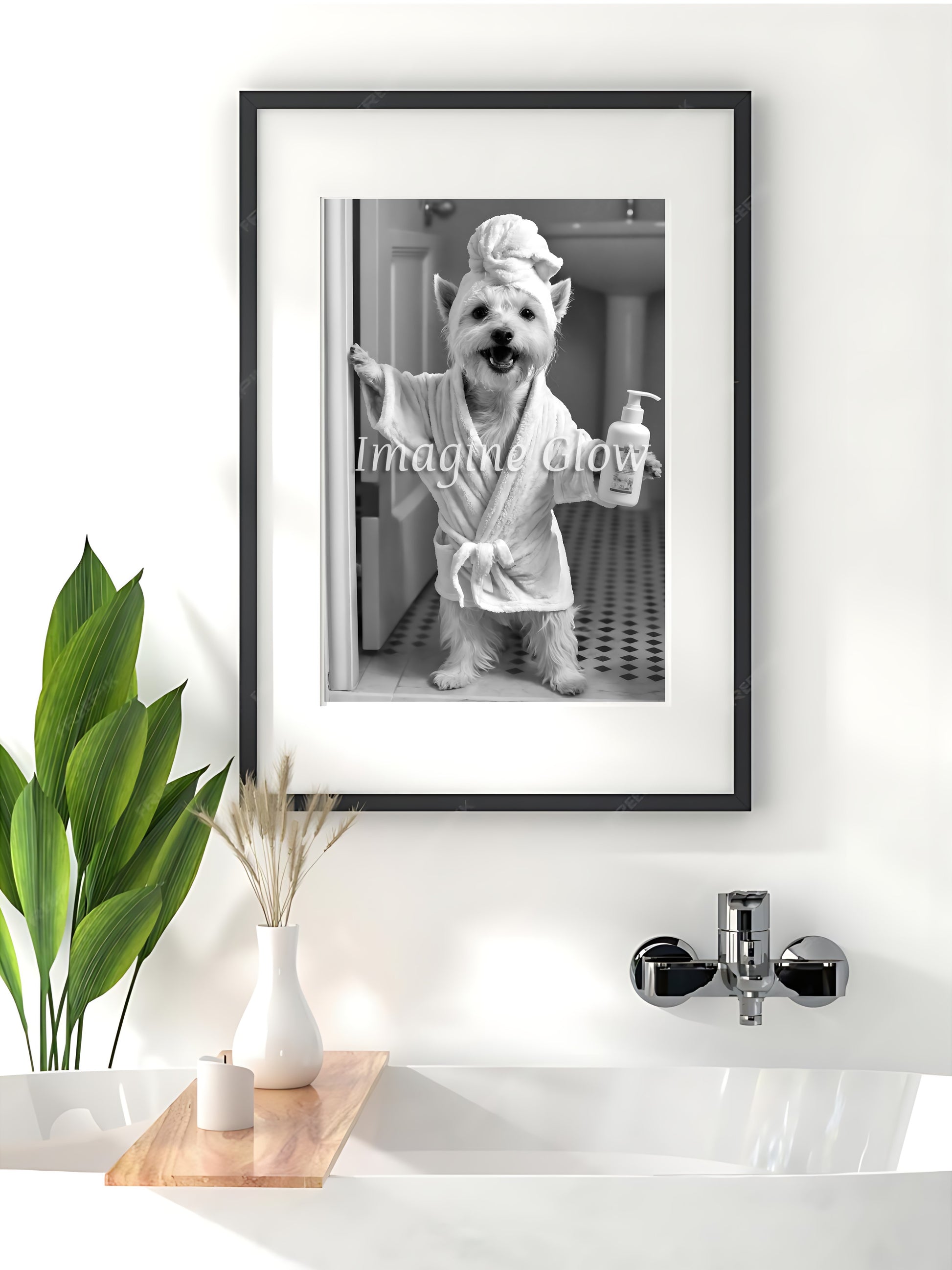 Funny West Highland White Terrier black and white wall art decor Stylish Westie dog bathroom print for modern decor