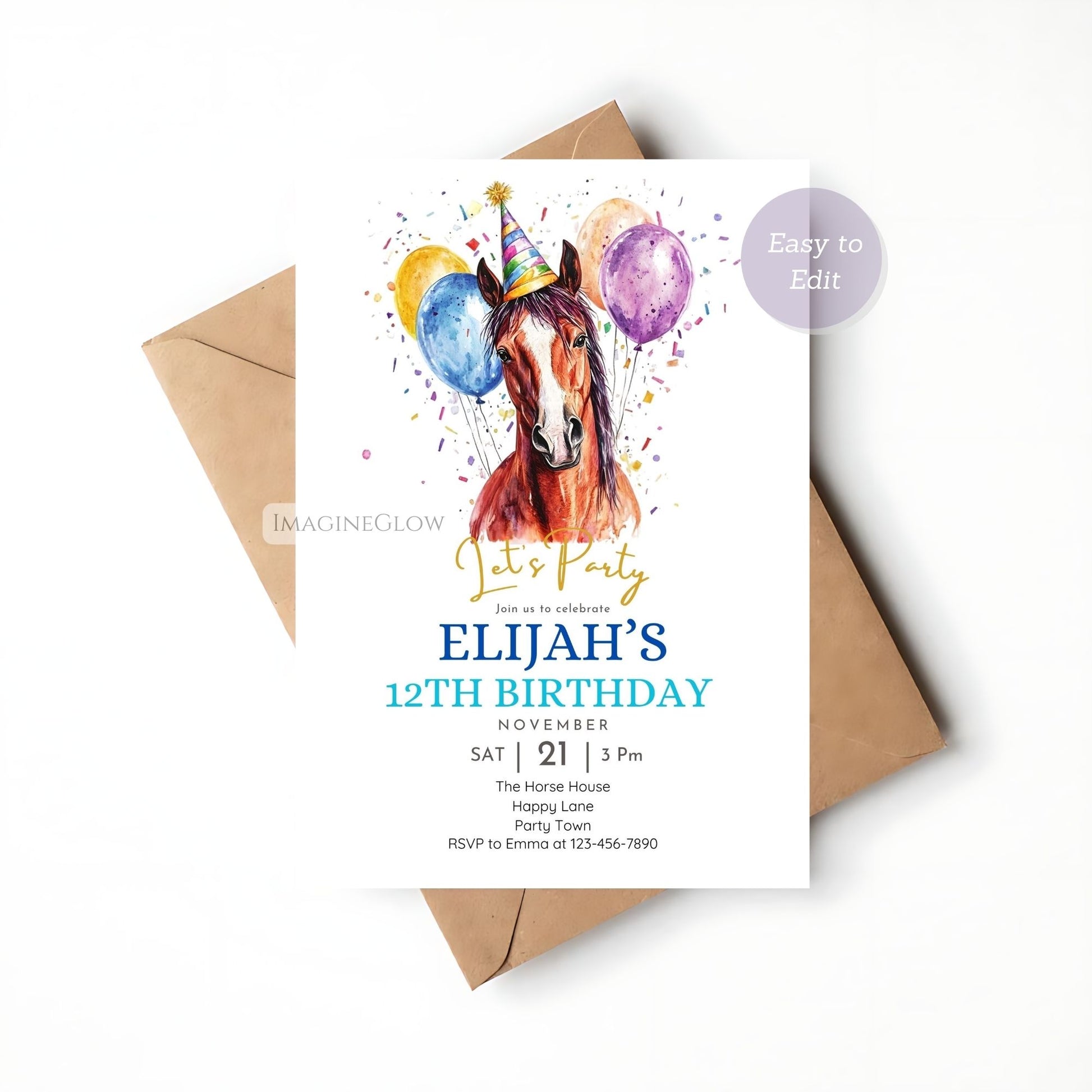 Kids horse party invite for cowboy or cowgirl celebrations
