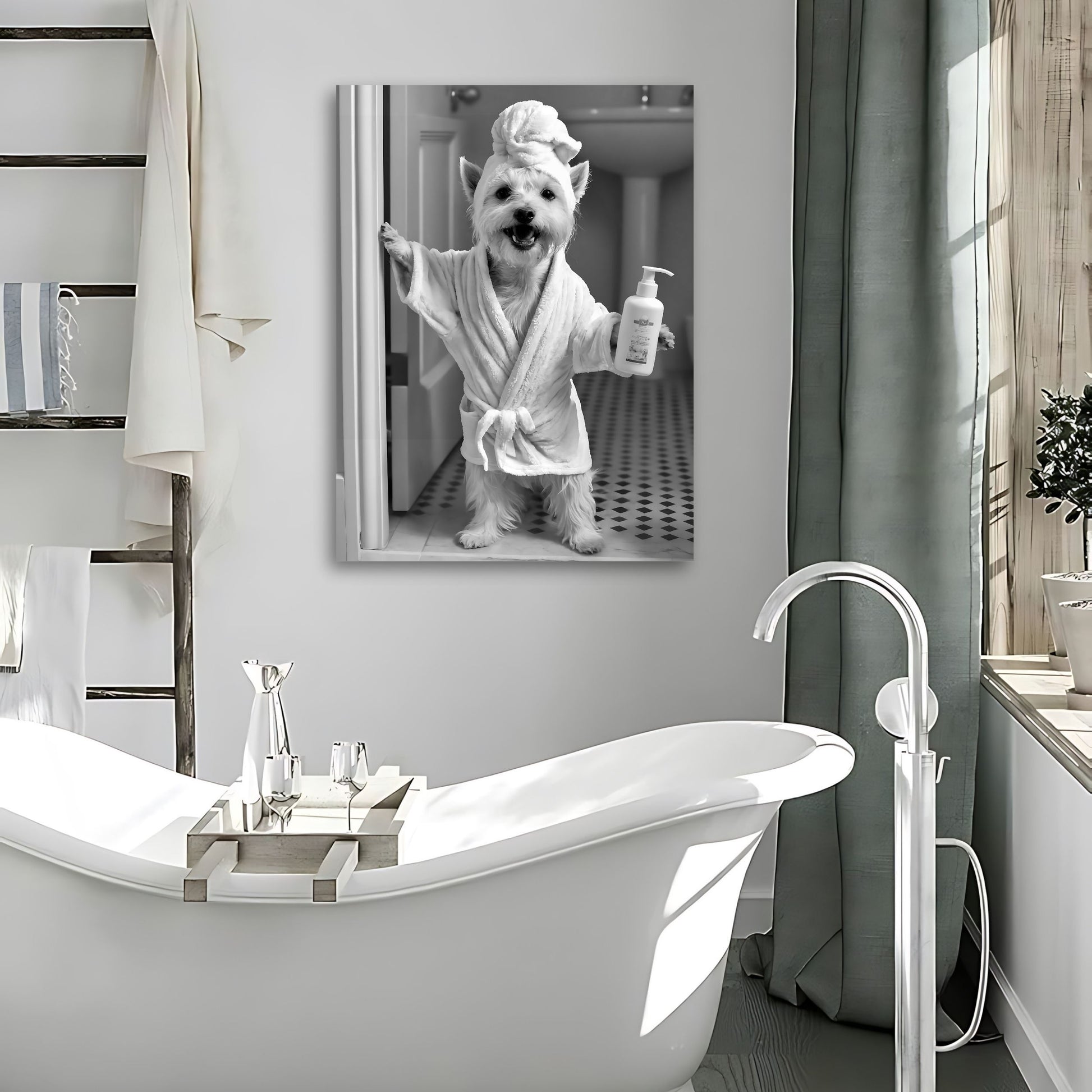 Washroom print with a West Highland White Terrier as animal toilet art.
Funny dog photo of a Westie in a bath tub for quirky wall decor.