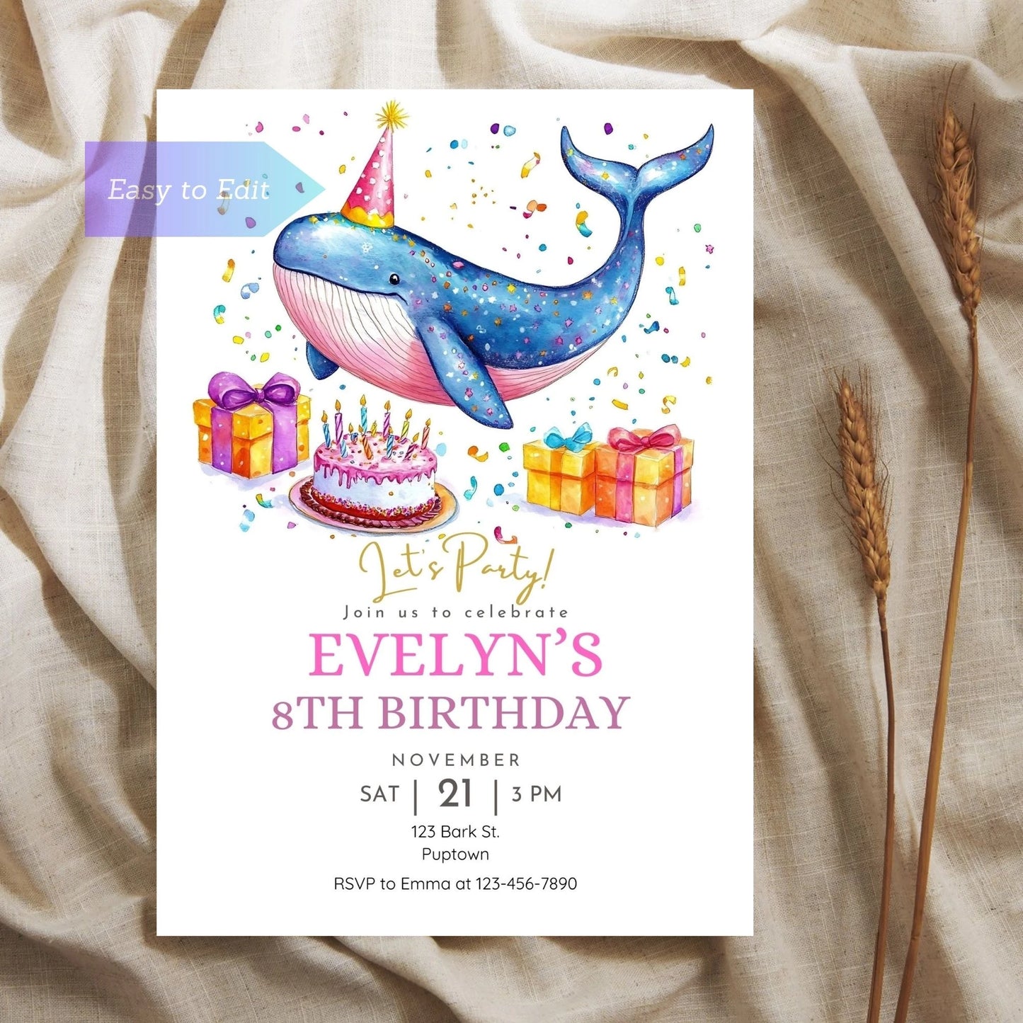 theme.
Editable ocean birthday invitation featuring a whale.
