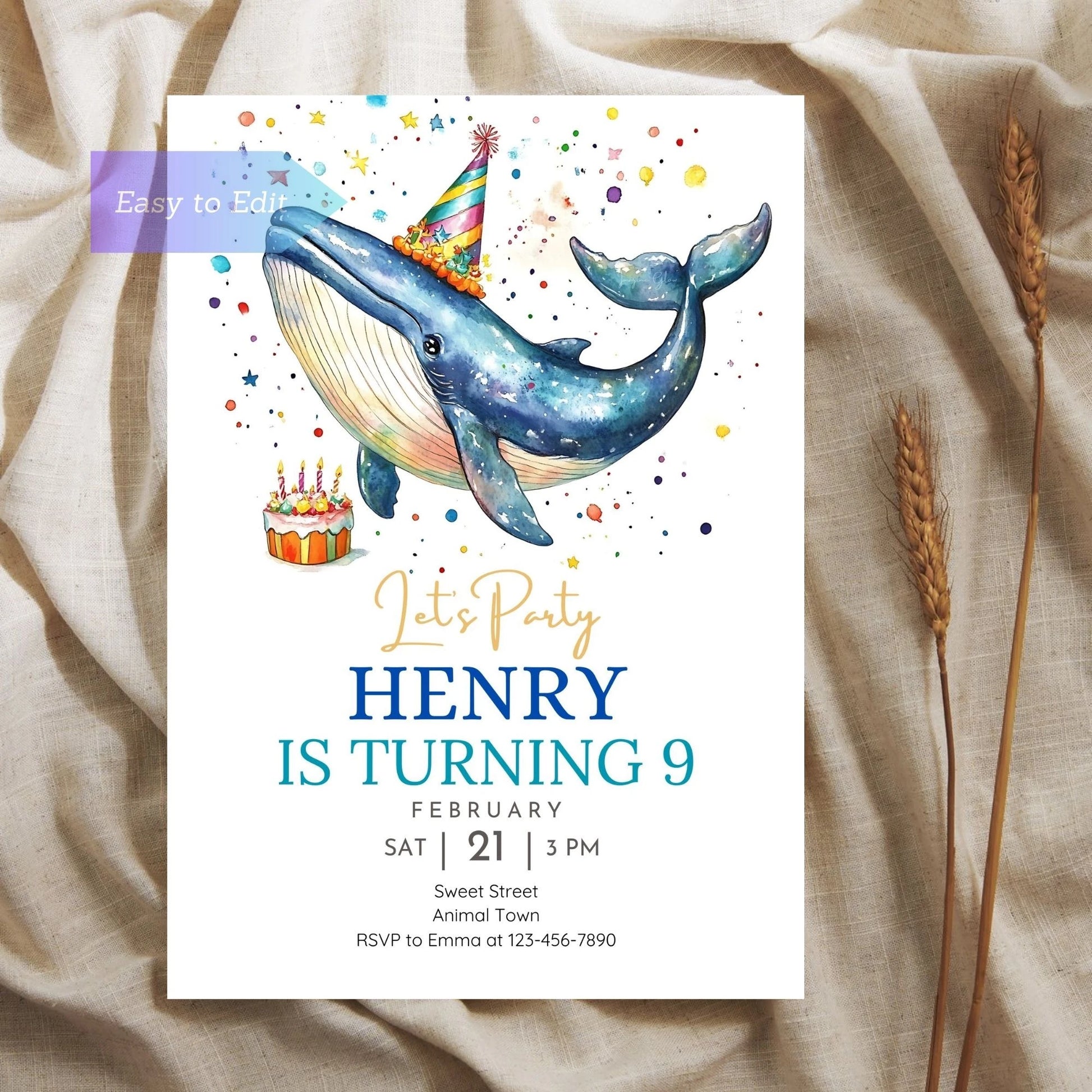 Ocean birthday invitation featuring a cute whale for kids.
