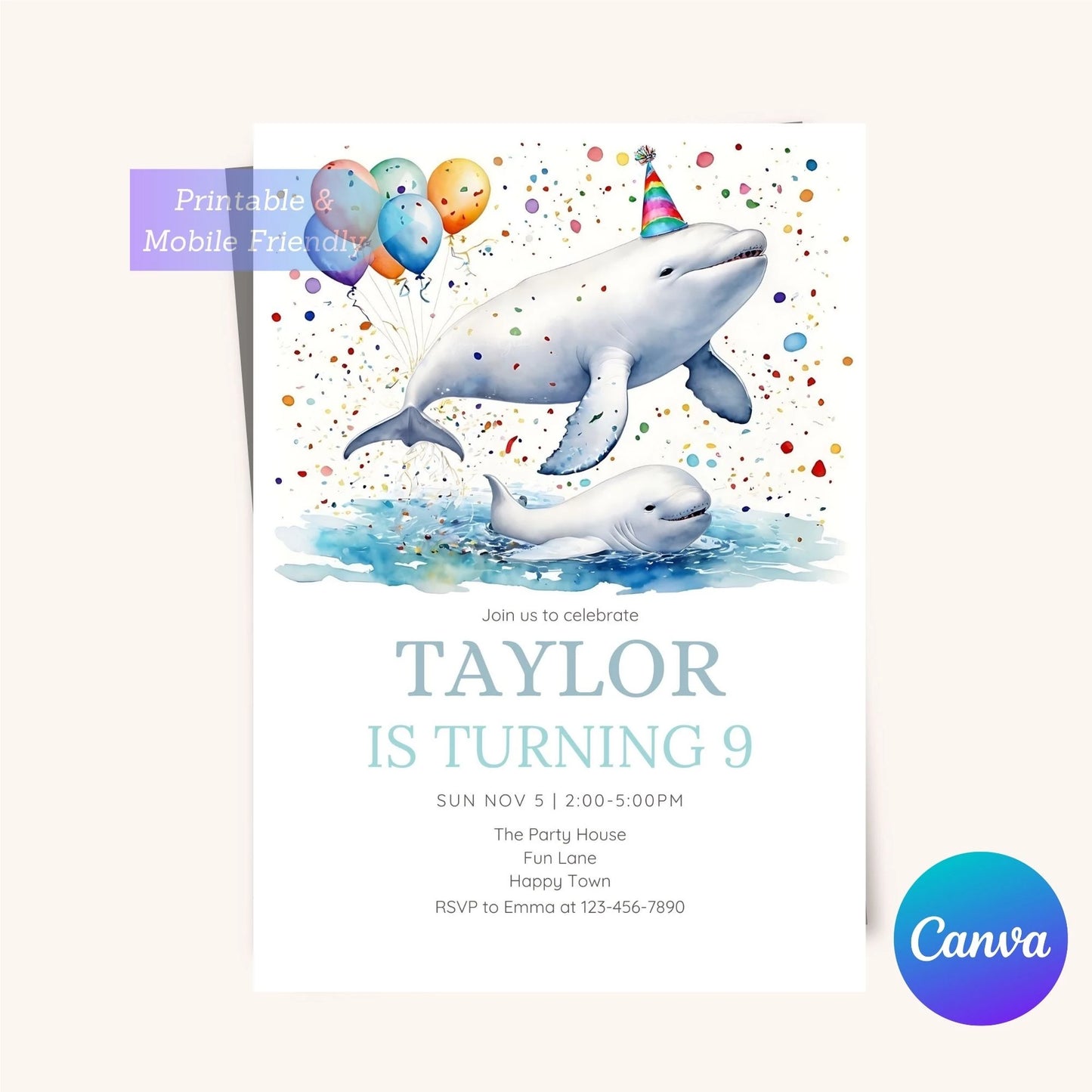 Cute whale-themed party invite for kids’ birthdays.
