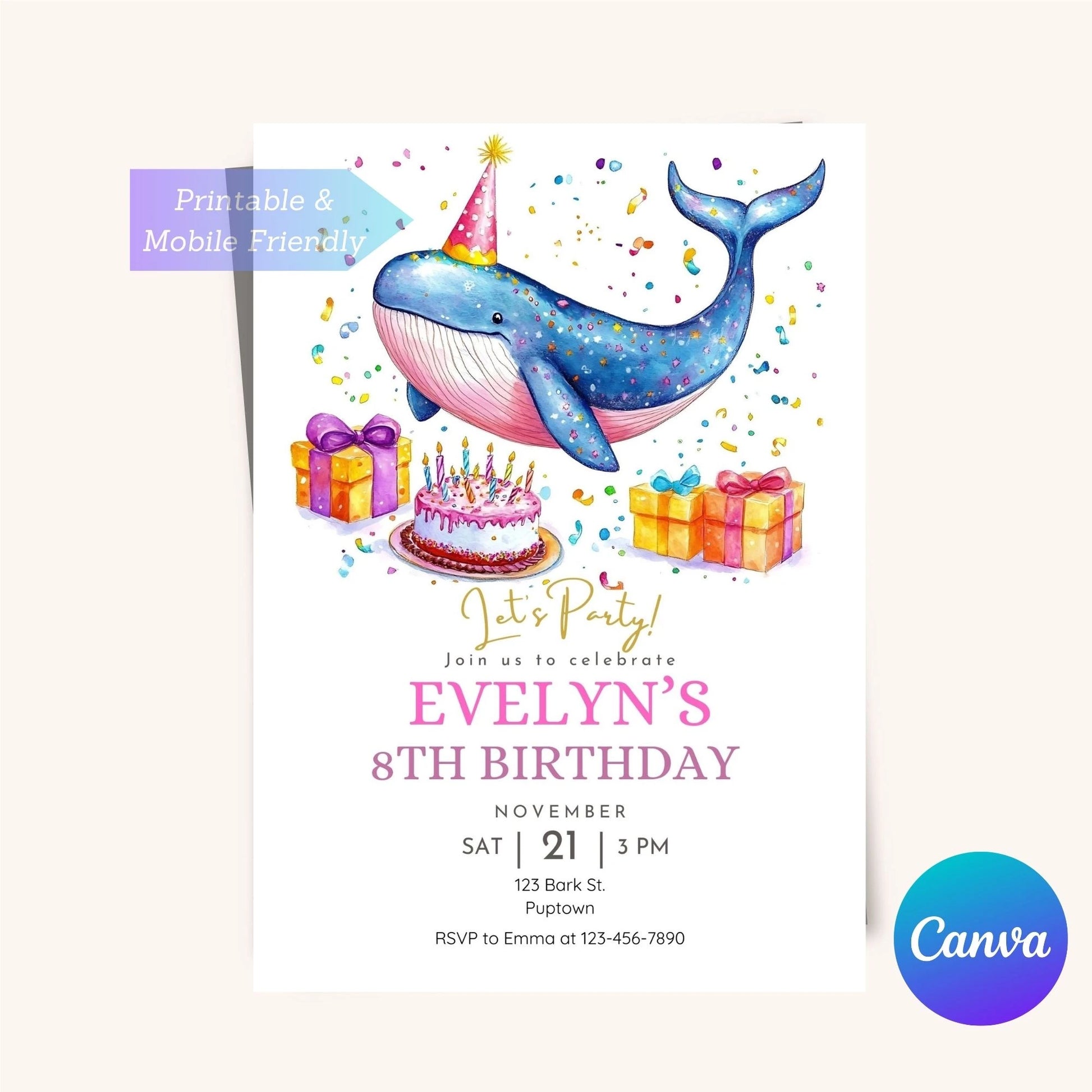 Customizable whale birthday invitation with ocean design.
