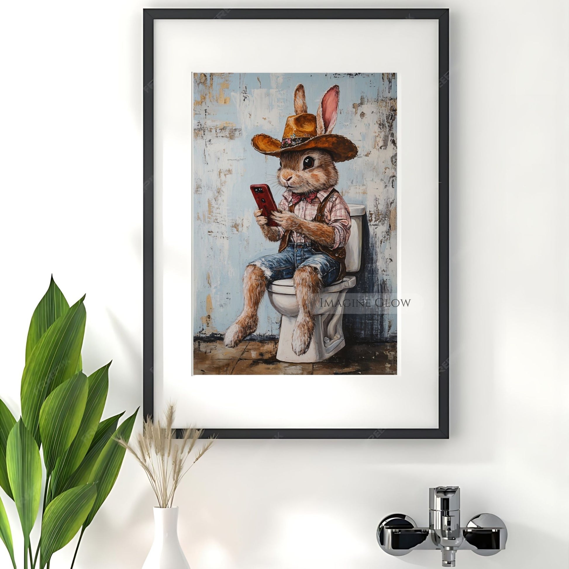 Rabbit cowboy digital art for nursery or restroom wall.