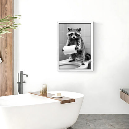 Animal holding toilet paper artwork for bathroom decoration.
