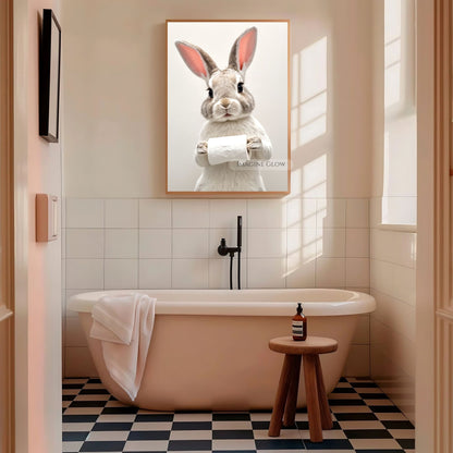 Lighthearted bunny bathroom art in vibrant and neutral tones.