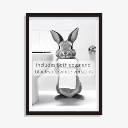 Bathroom humor print featuring a bunny with toilet paper, digital download.