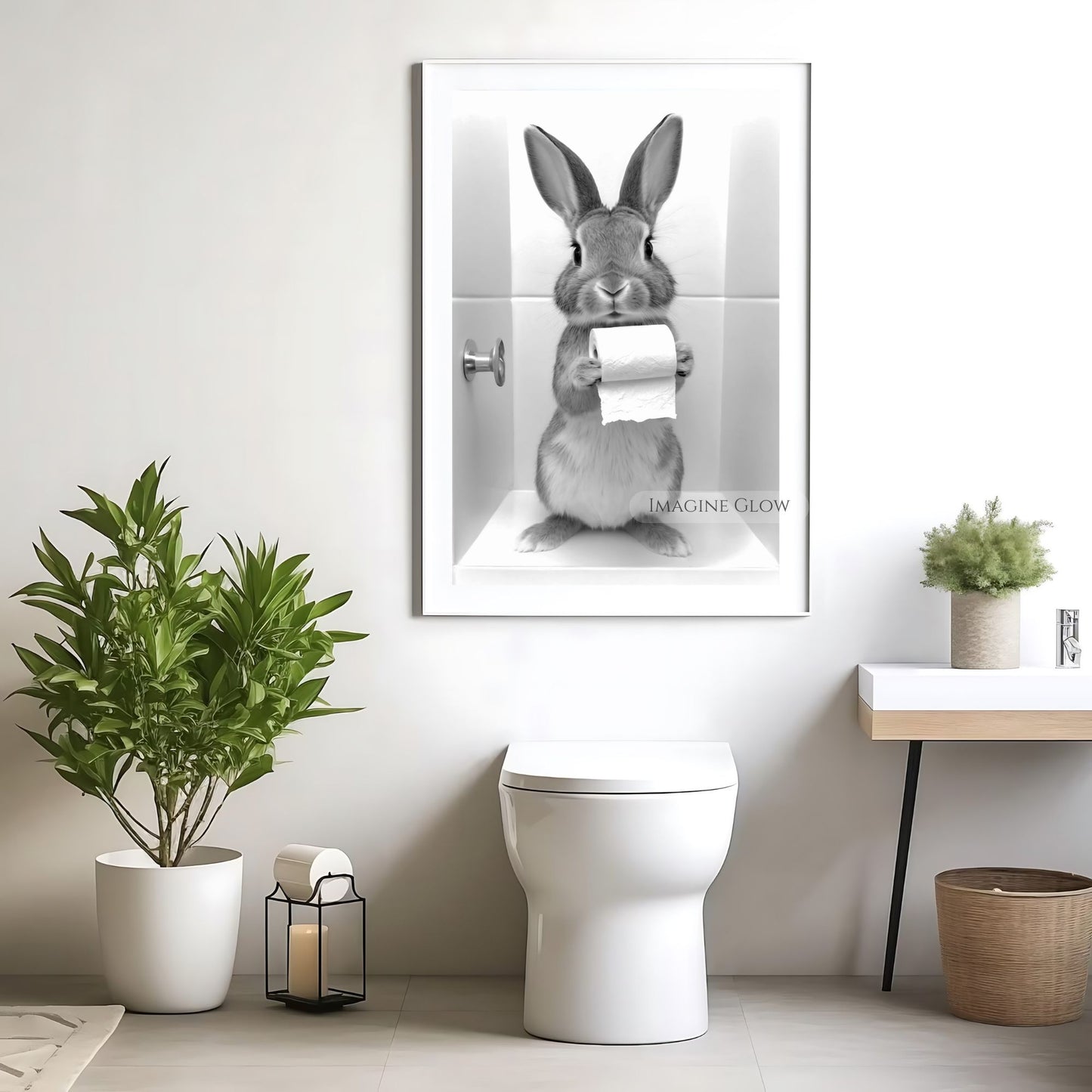 Playful bunny bathroom art print holding toilet paper.
