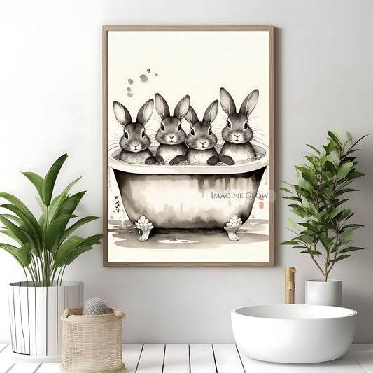 Whimsical bunny bathtub black-and-white decor
