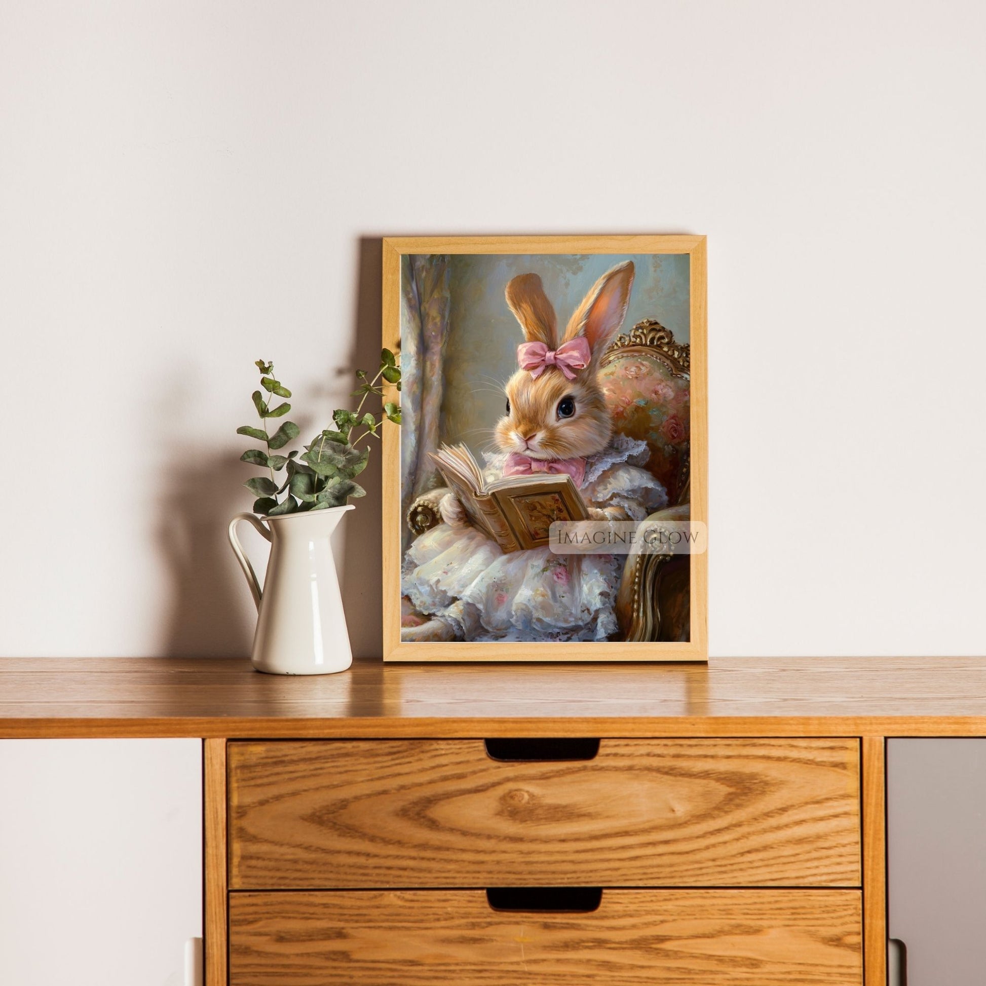 Bunny with book vintage print for home decor
