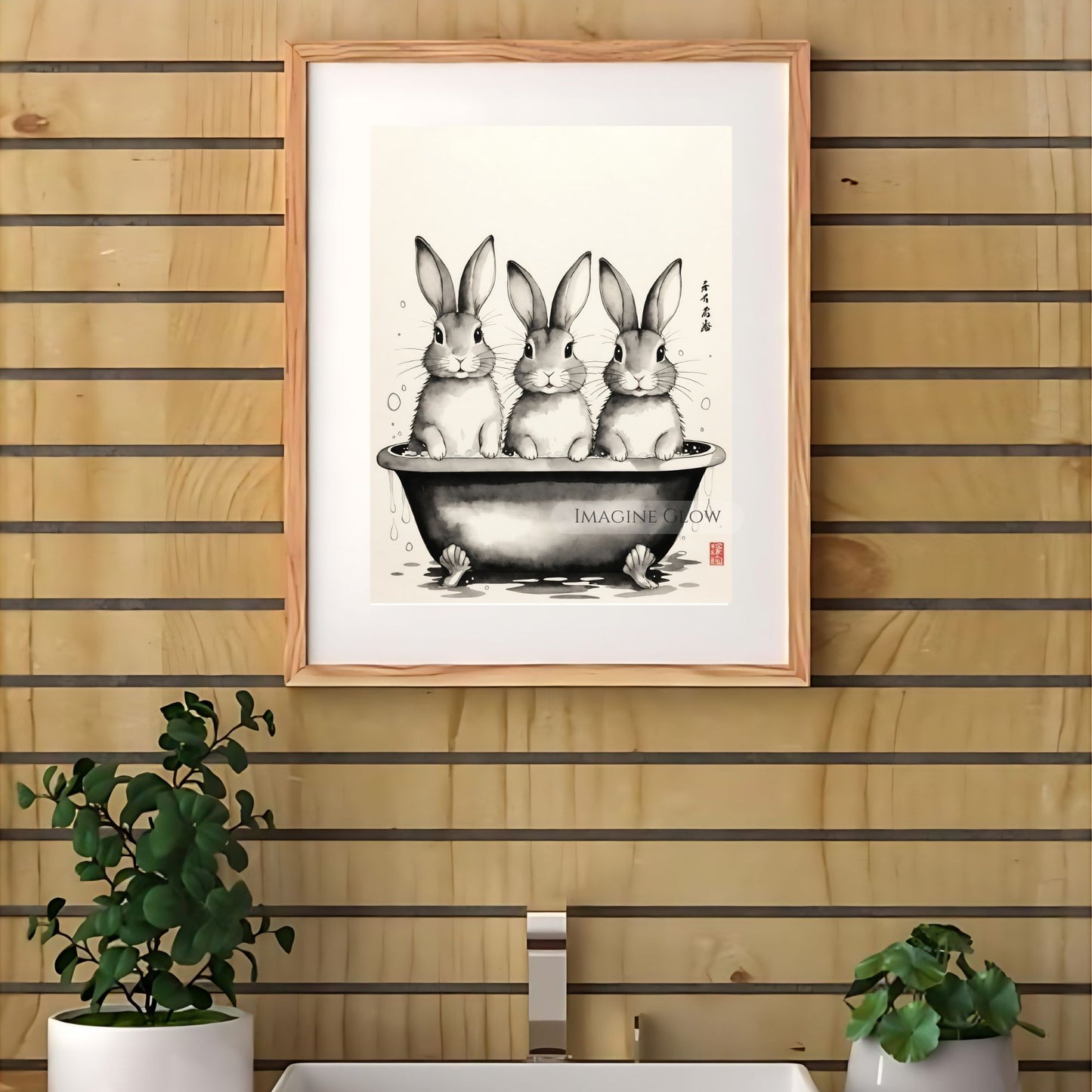 Three rabbits soaking in a bathtub artwork
