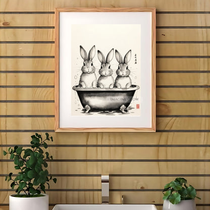 Three rabbits soaking in a bathtub artwork
