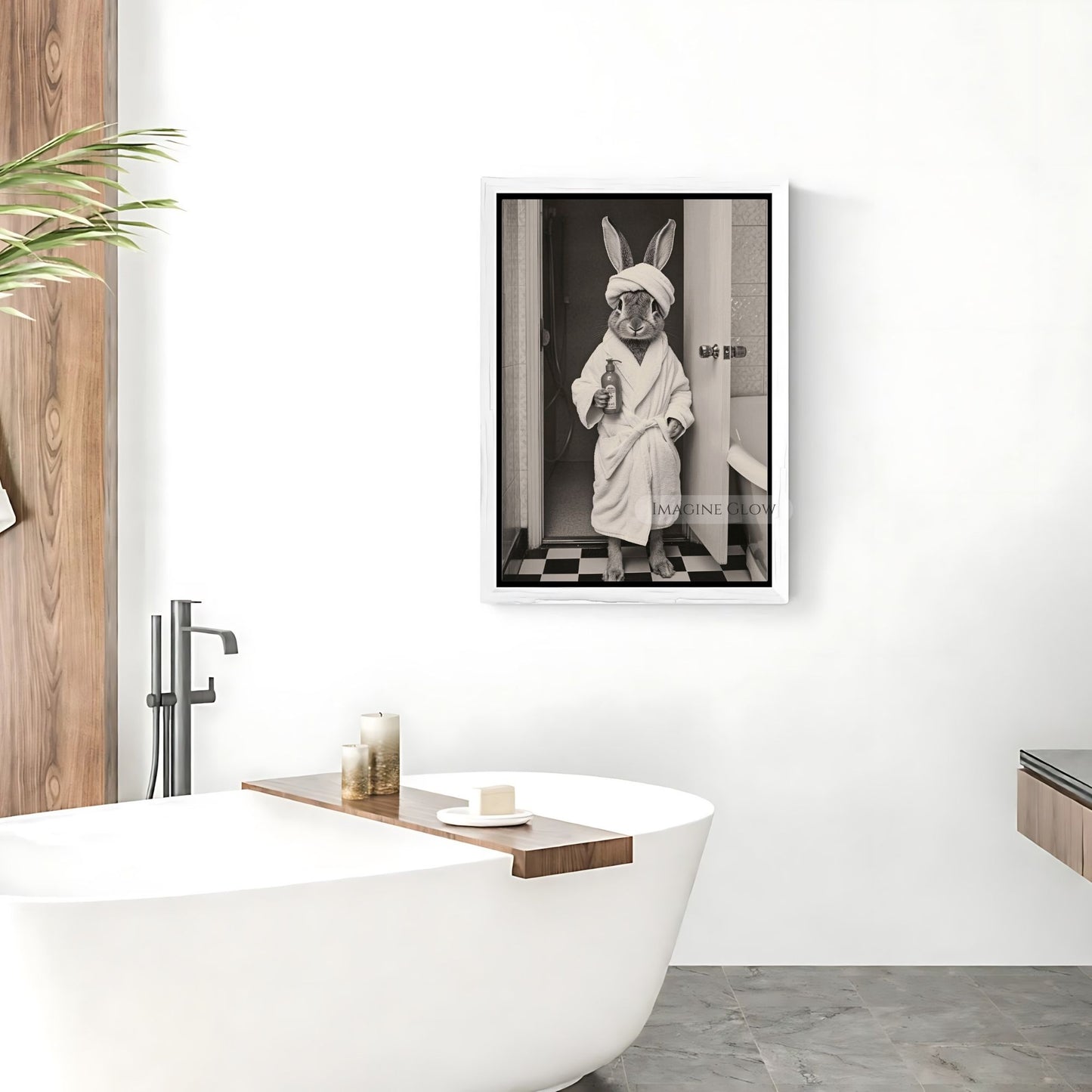 Bunny in bathrobe holding soap bottle bathroom art
