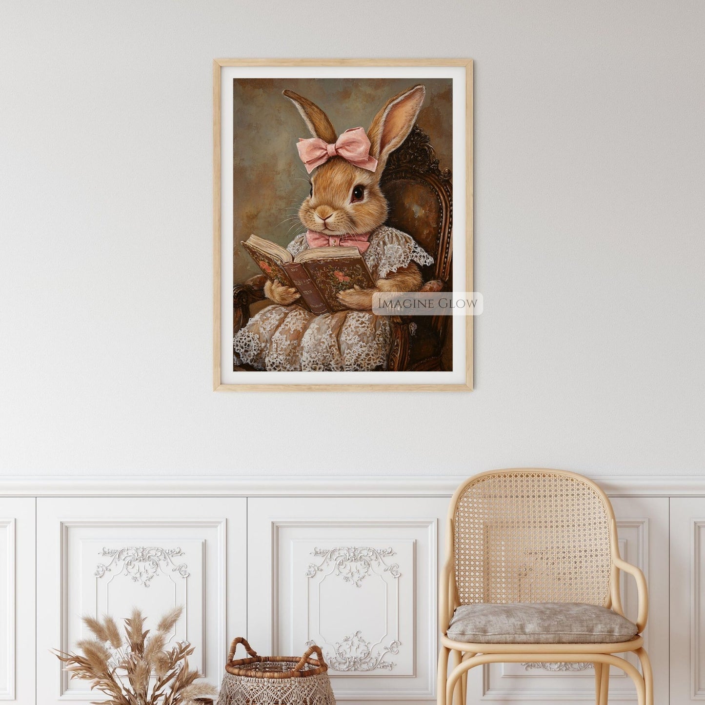 Animal-themed bunny reading art print
Rabbit reading book whimsical vintage design