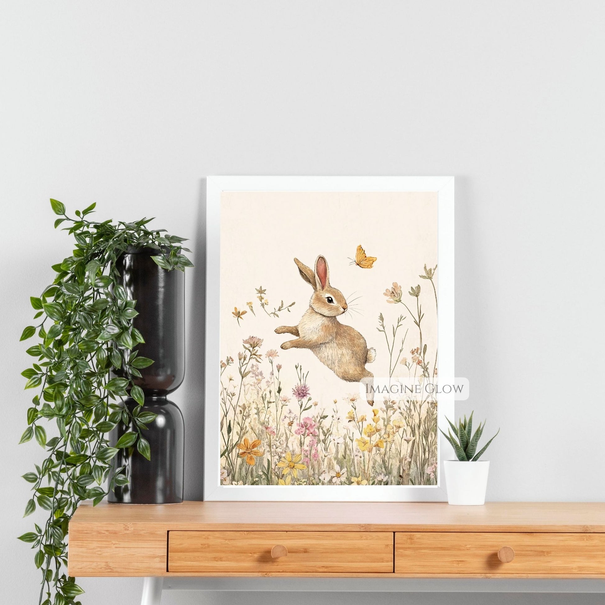 Nature-inspired bunny surrounded by wildflowers, baby room print.