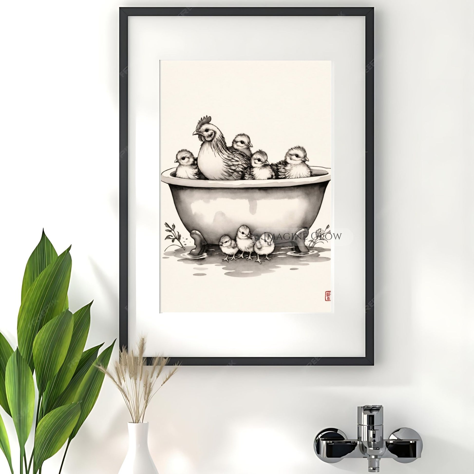 Farmhouse-style funny hen and chick bath art print
