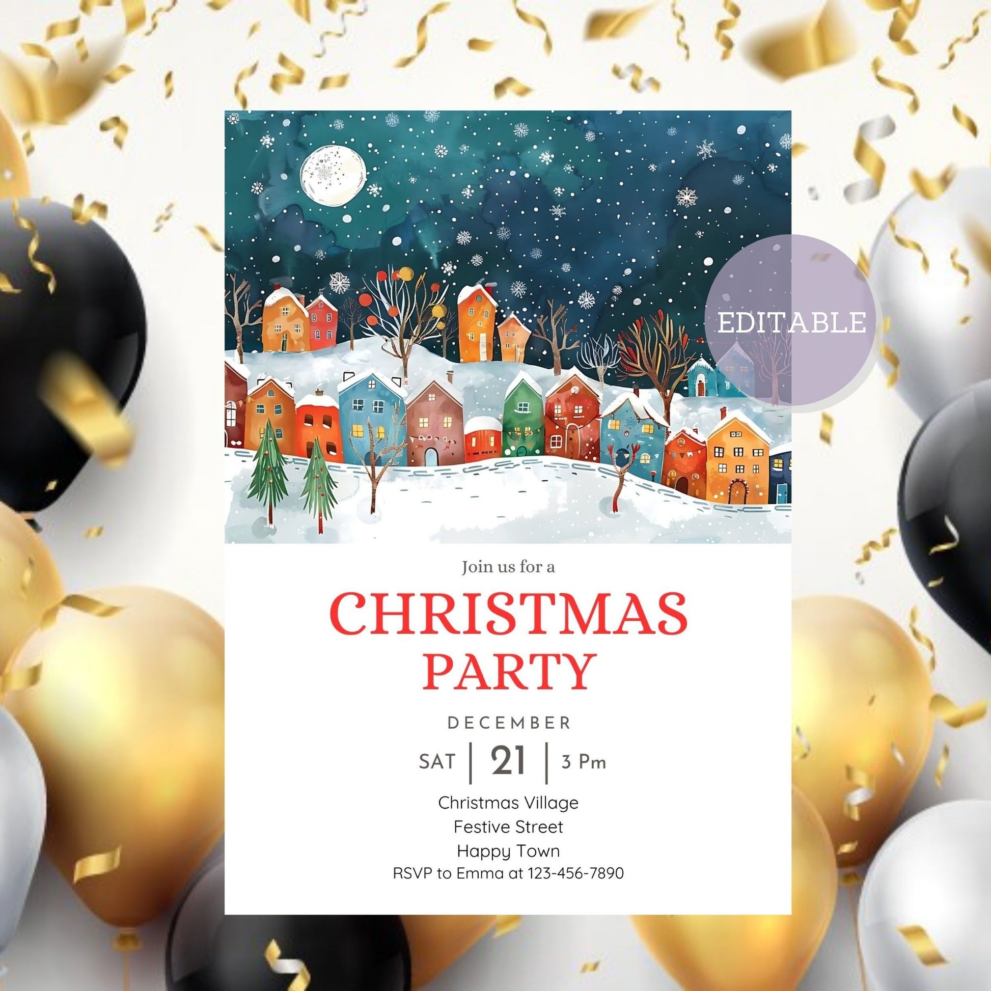 Printable Christmas party invitation with colorful houses and a magical night sky.
