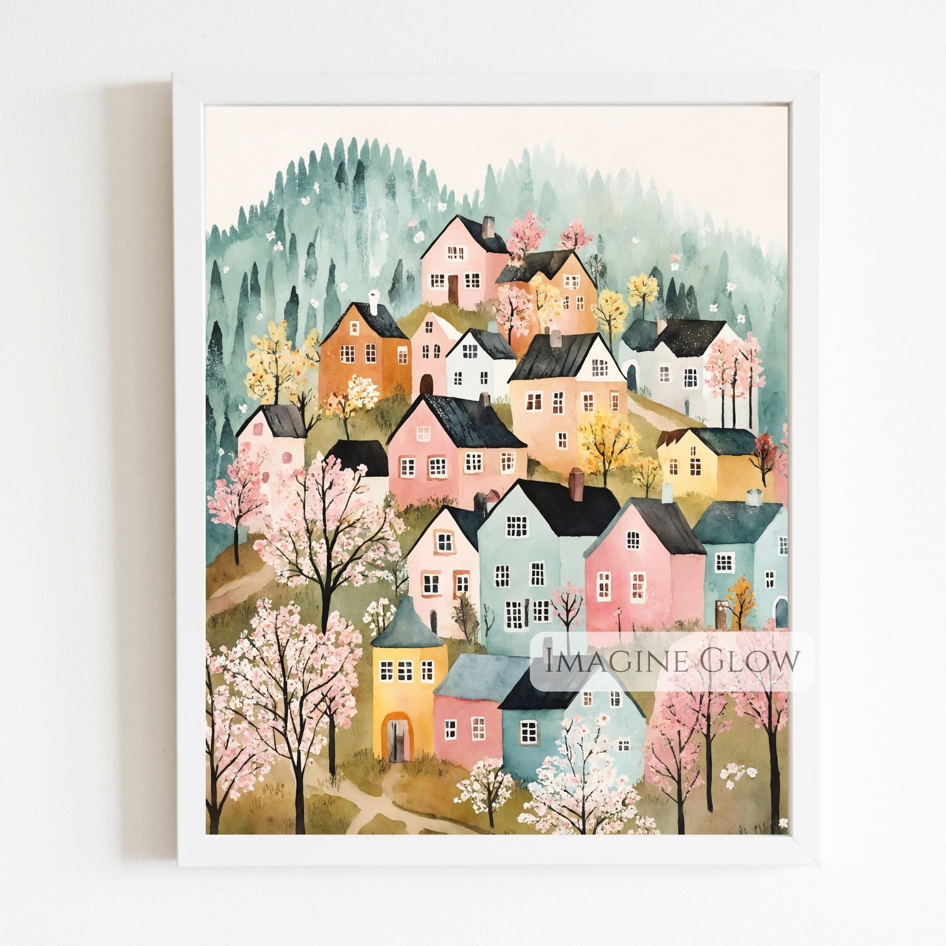 Nature-inspired village art with trees in bloom
