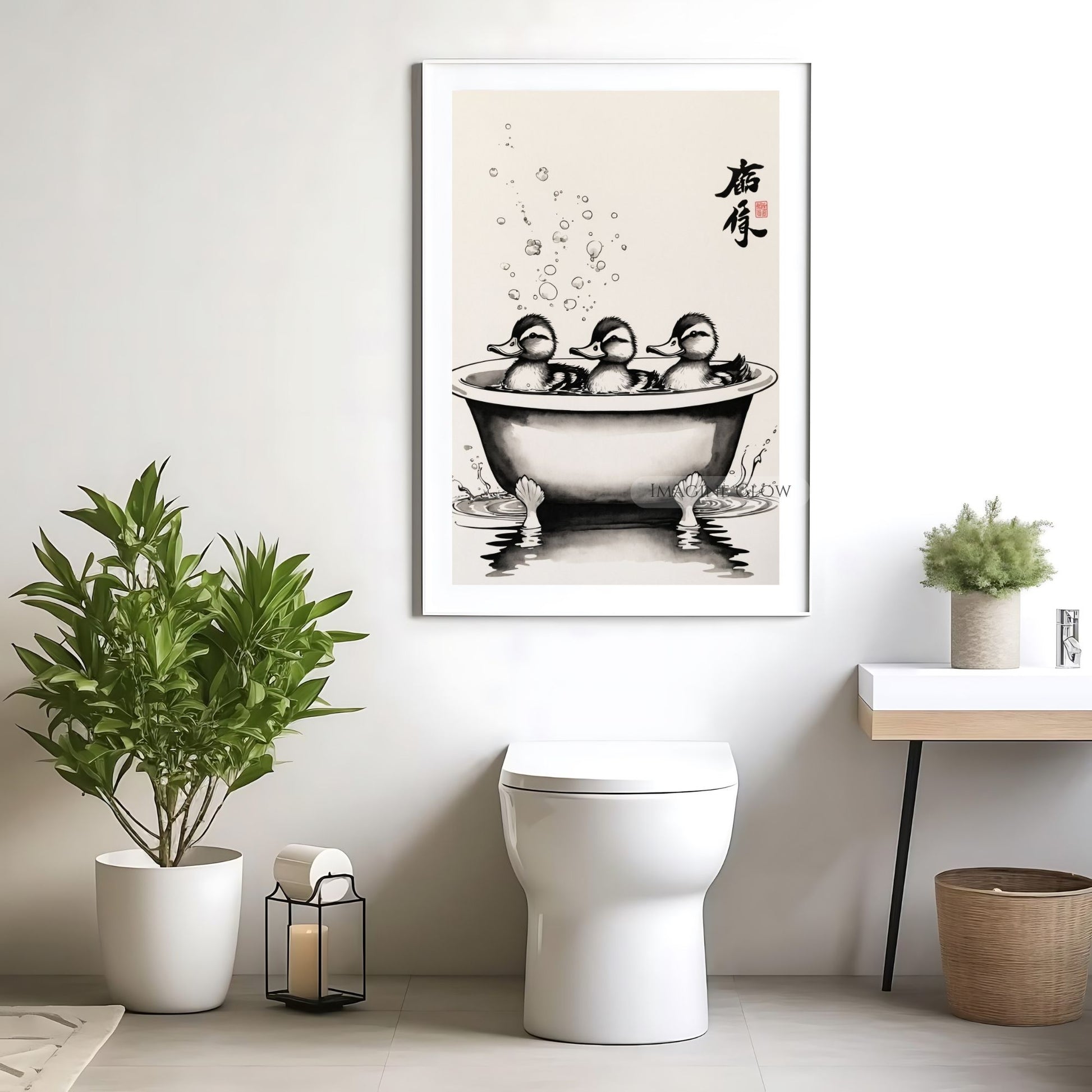 Playful duck wall art print for guest or kids' bathroom
