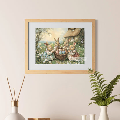 Vintage-inspired Easter print with rabbits and colorful eggs in a meadow.
Victorian rabbits and Easter eggs in a bright spring meadow for nursery decor.