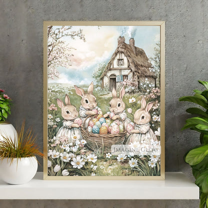 Classic Easter art with Victorian rabbits and spring flowers.