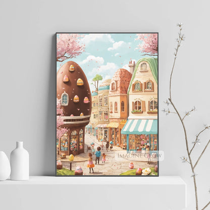 Easter Village Street Art Print – Chocolate Eggs & Blooming Cherry Blossoms Wall Art