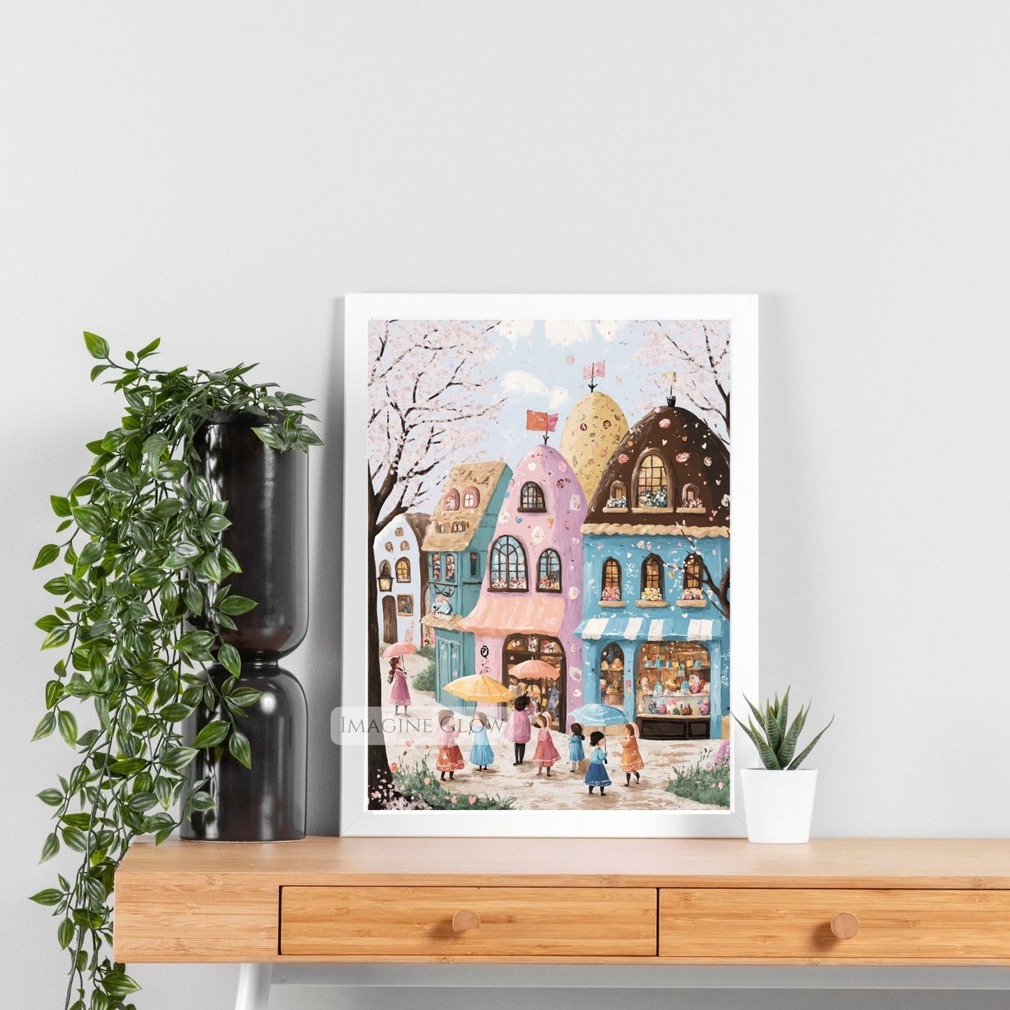 Easter street scene with springtime flowers and chocolate eggs
