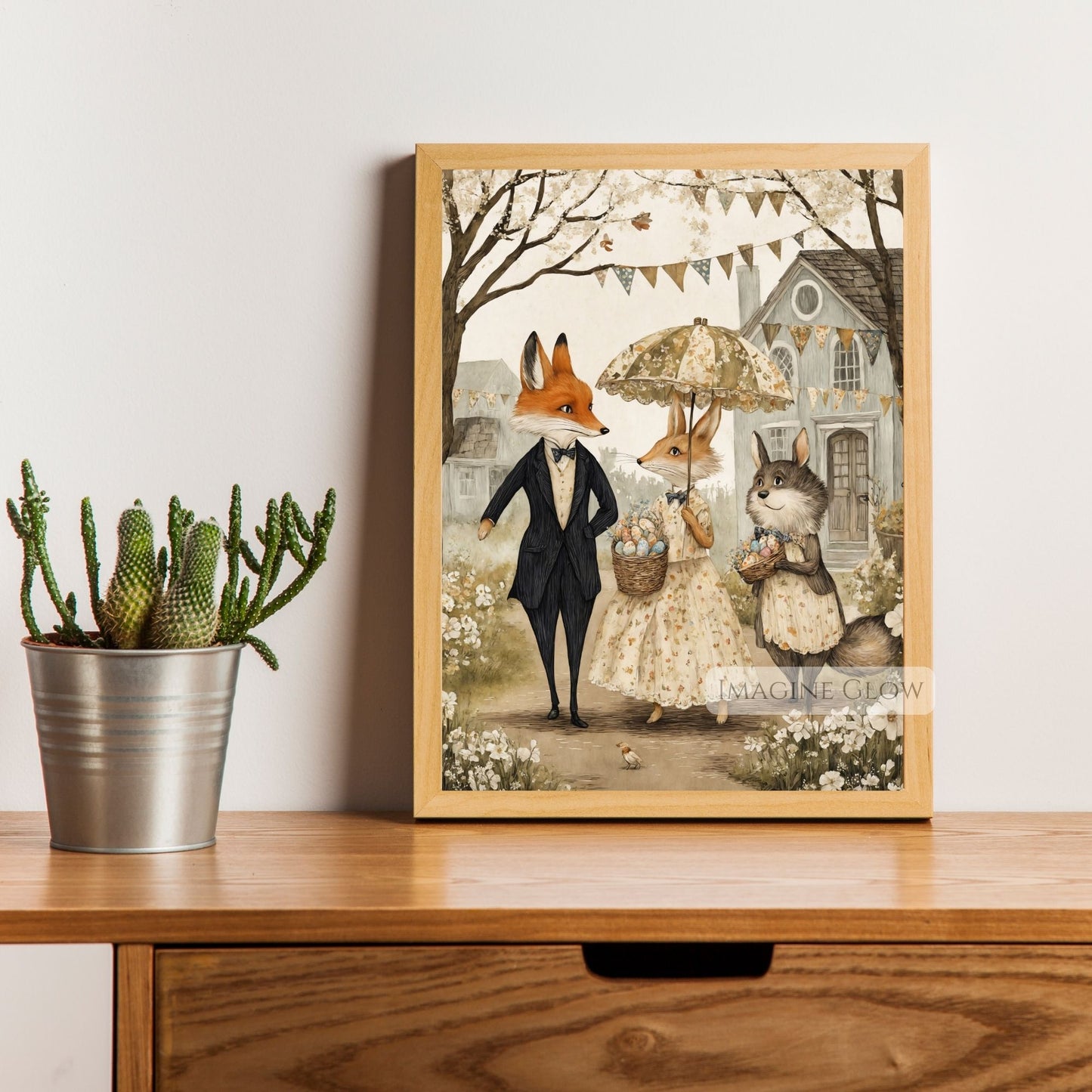 Antique Bunny & Fox Artwork - Easter Egg & Flowers
