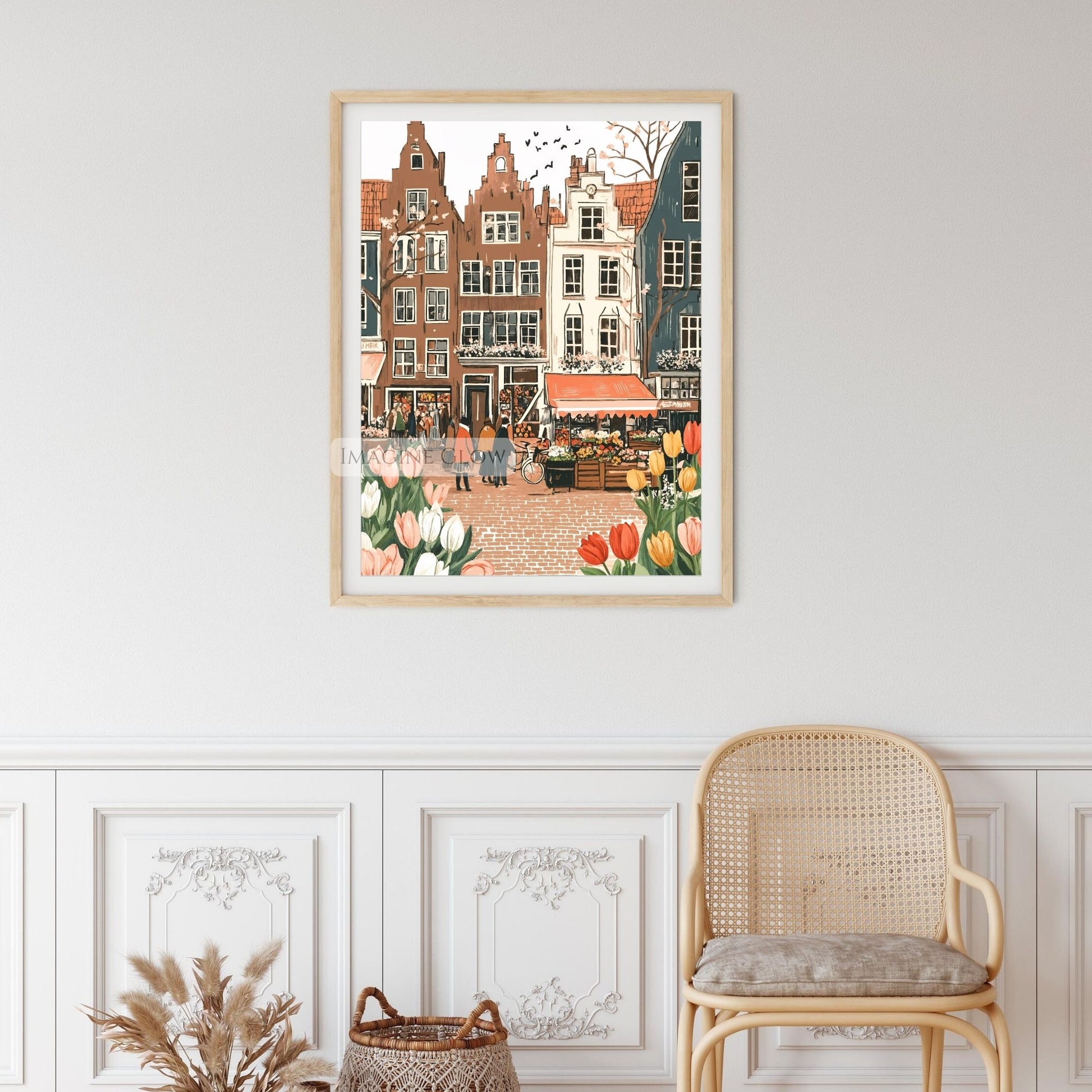 Rustic springtime illustration featuring tulips and cherry blossoms in bloom.
Pastel spring art print of an old town with blooming tulips and cherry blossoms.