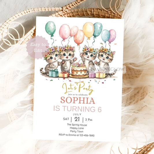 Kitten birthday invitation floral editable in Canva
