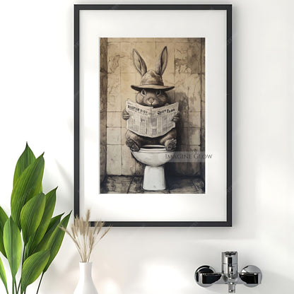 Rabbit toilet decor with newspaper humorous wall art.
