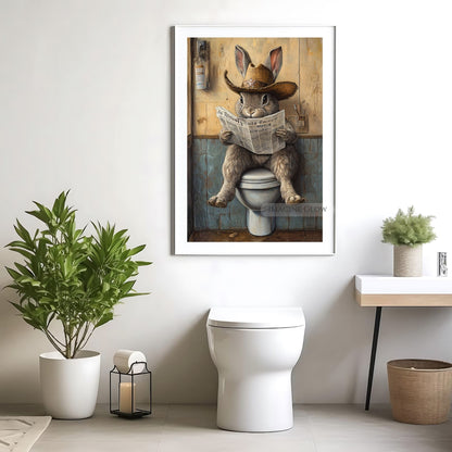 Rabbit on toilet funny wall art for restrooms.
