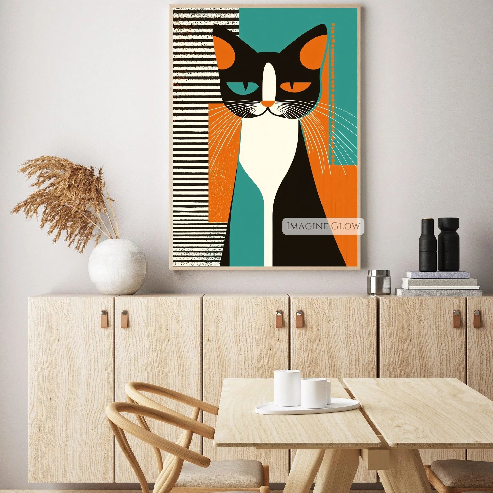 Abstract retro-style wall art featuring a playful cat.
