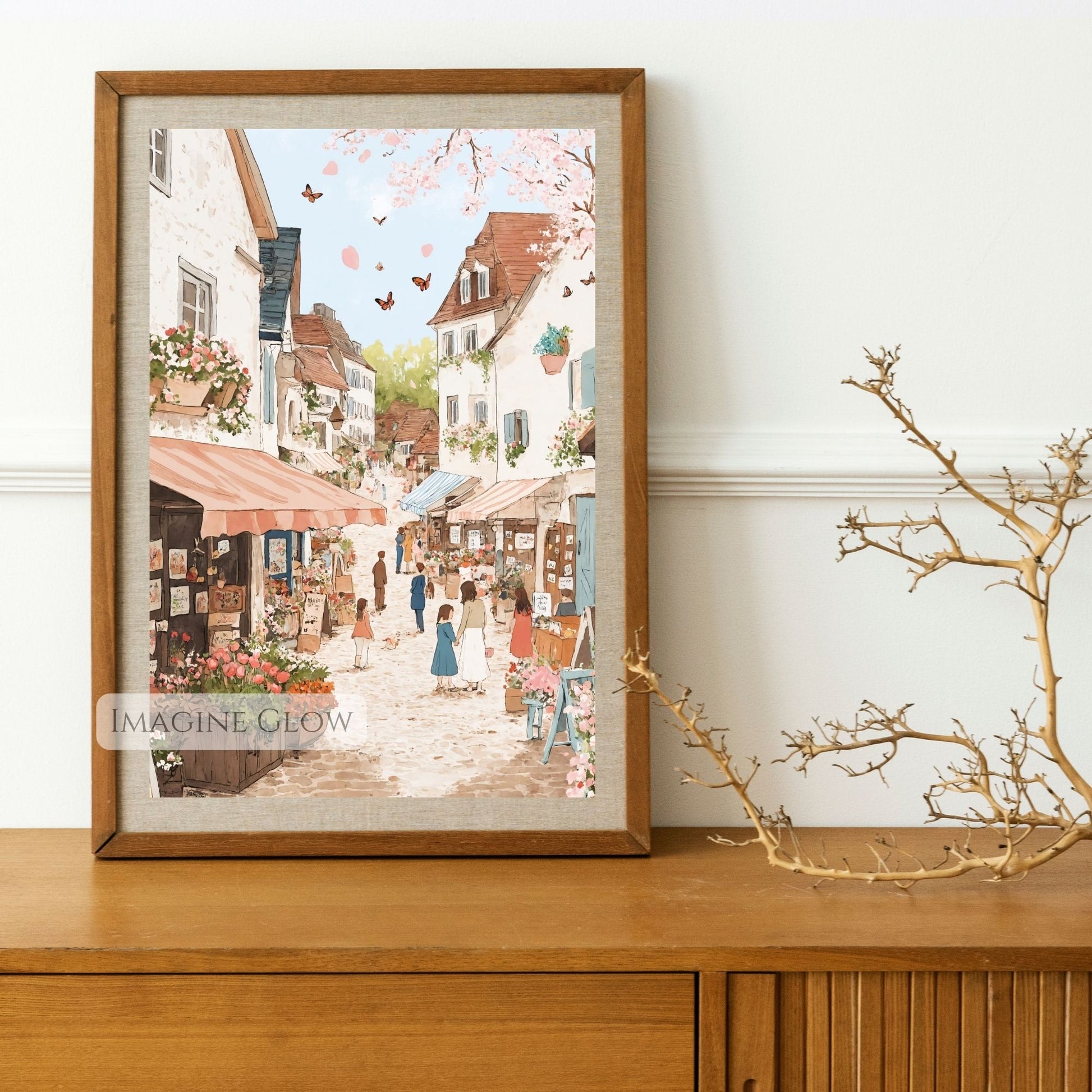 Whimsical spring town with flower-filled sidewalks and charming buildings.