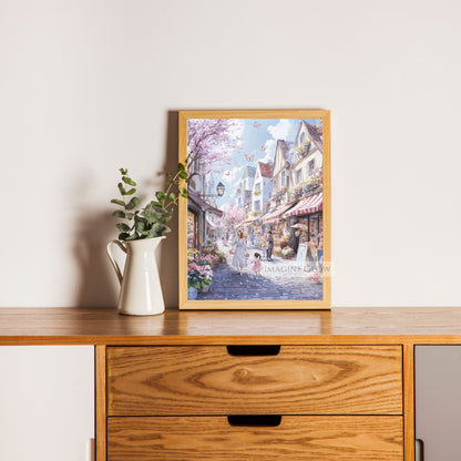 Springtime art print of an old town with blooming tulips and cherry blossoms.
