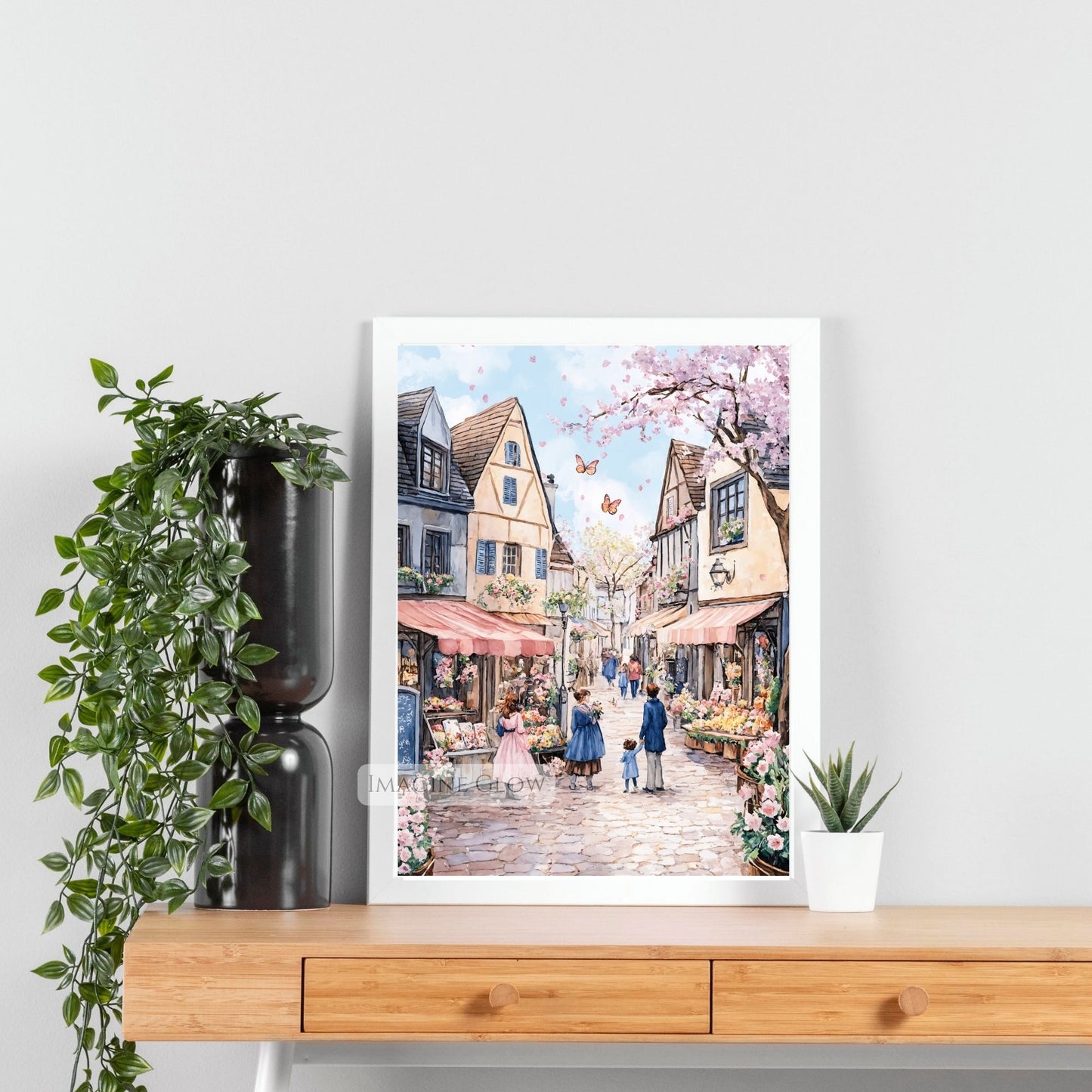 Artistic spring townscape with a flower market, bright blossoms, and old streets.