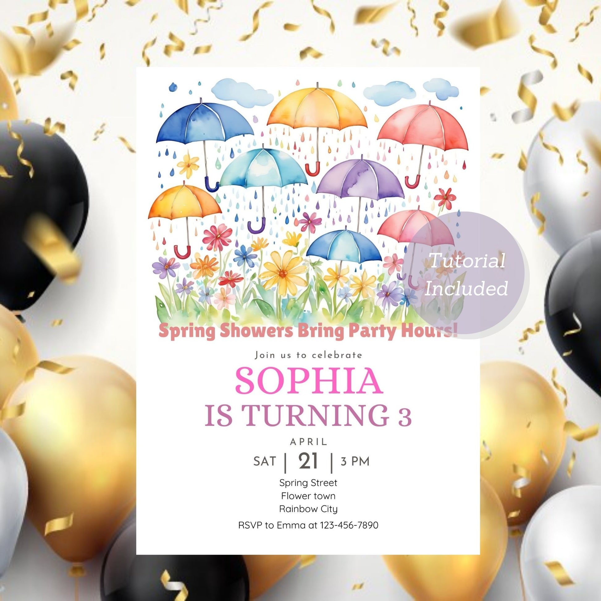 Spring party invite with whimsical raindrops and flowers.