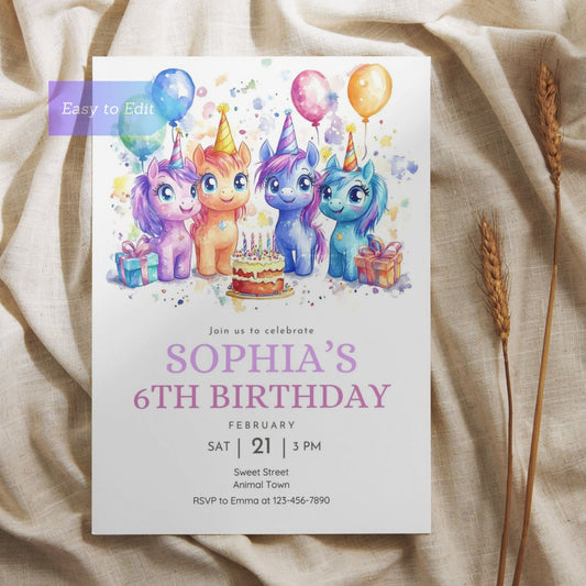 Magical unicorn birthday invite with rainbow theme for kids and girls.
