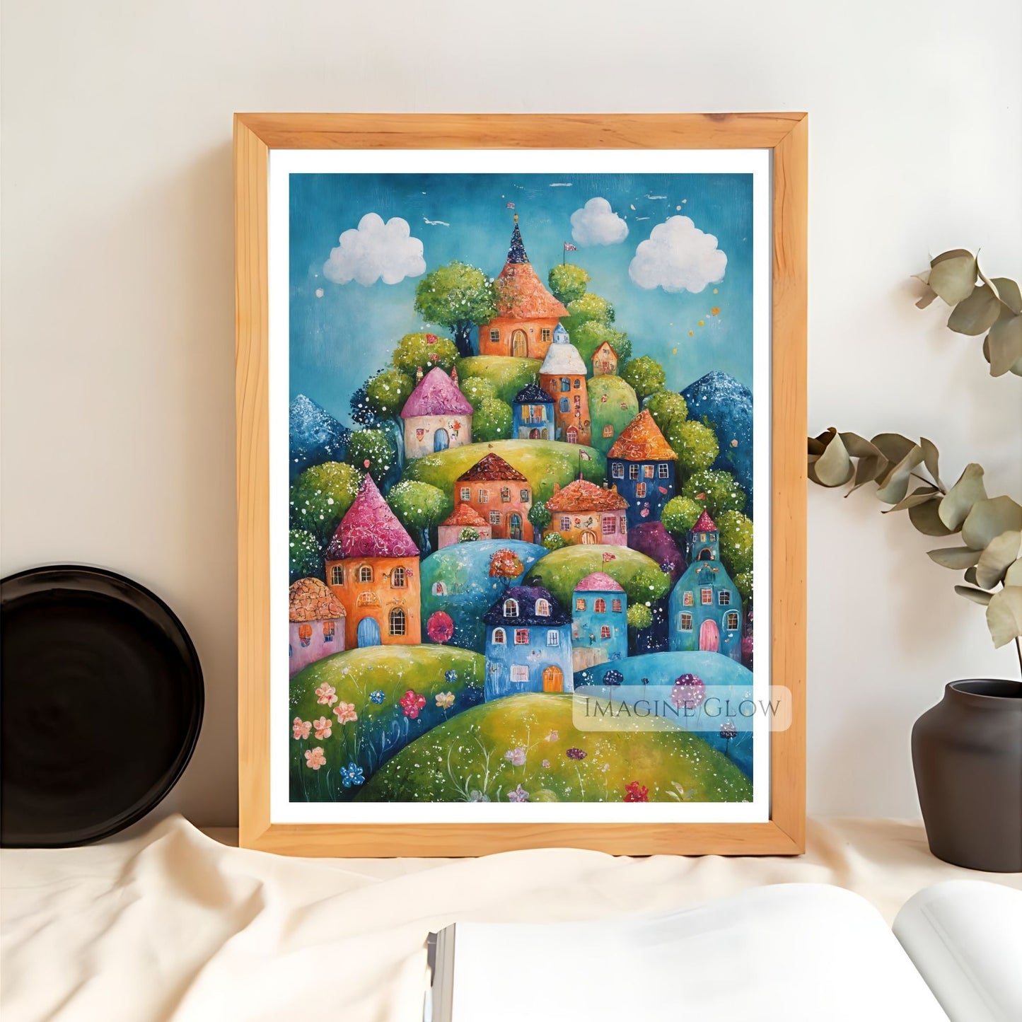 Folk Art Spring Mountain Village Print
