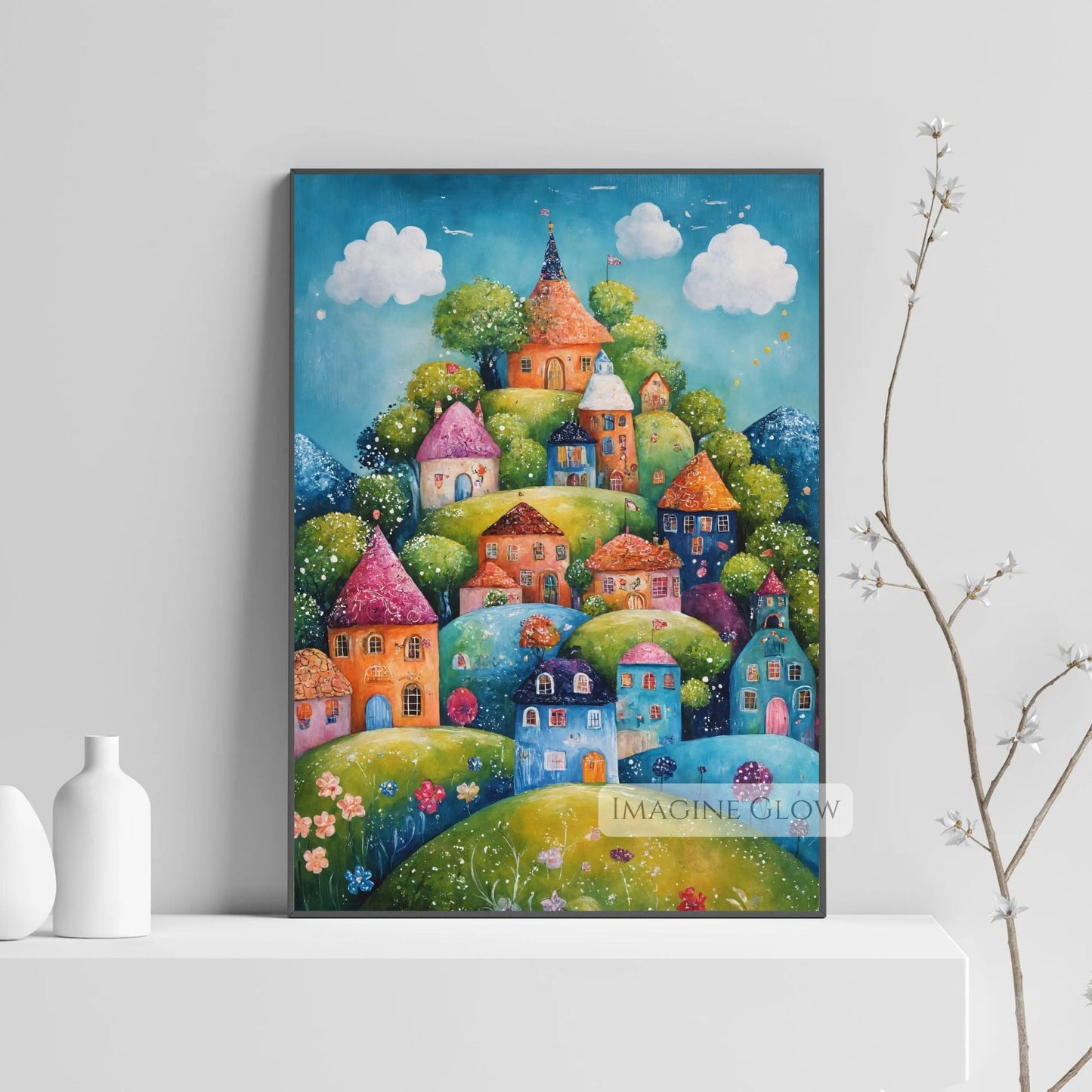 Colorful Village with Spring Blooms and Mountains
