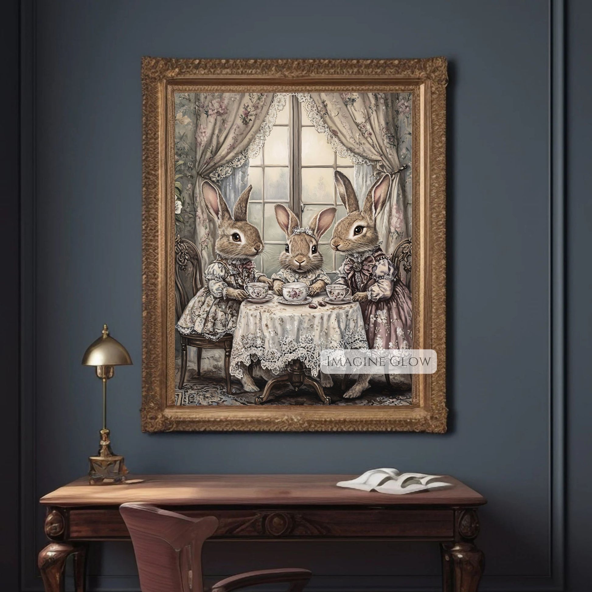 Whimsical Victorian rabbit family tea time art print.