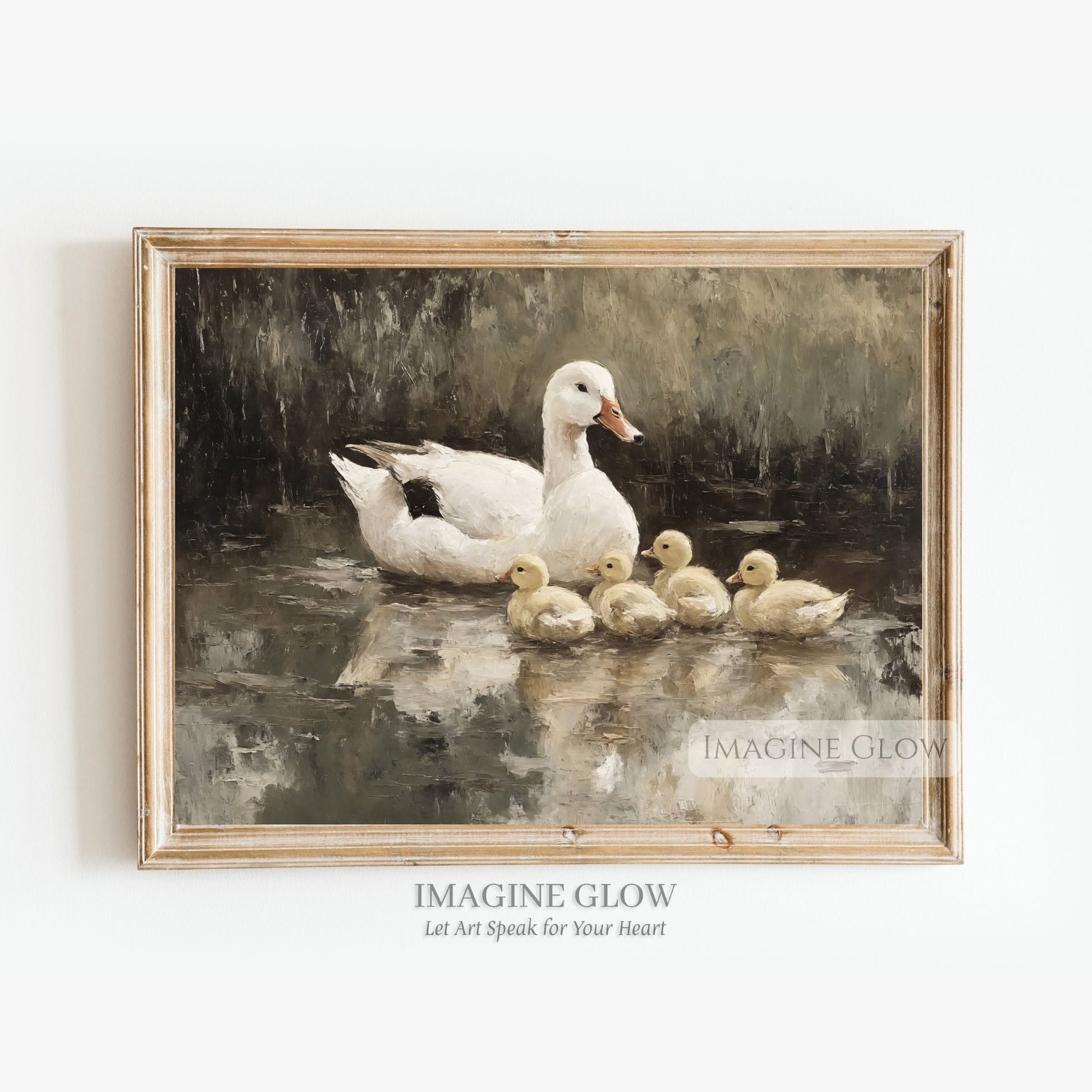 Vintage painting of a white duck and ducklings in a pond
