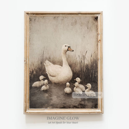 Vintage art of a white goose and goslings swimming in a pond
