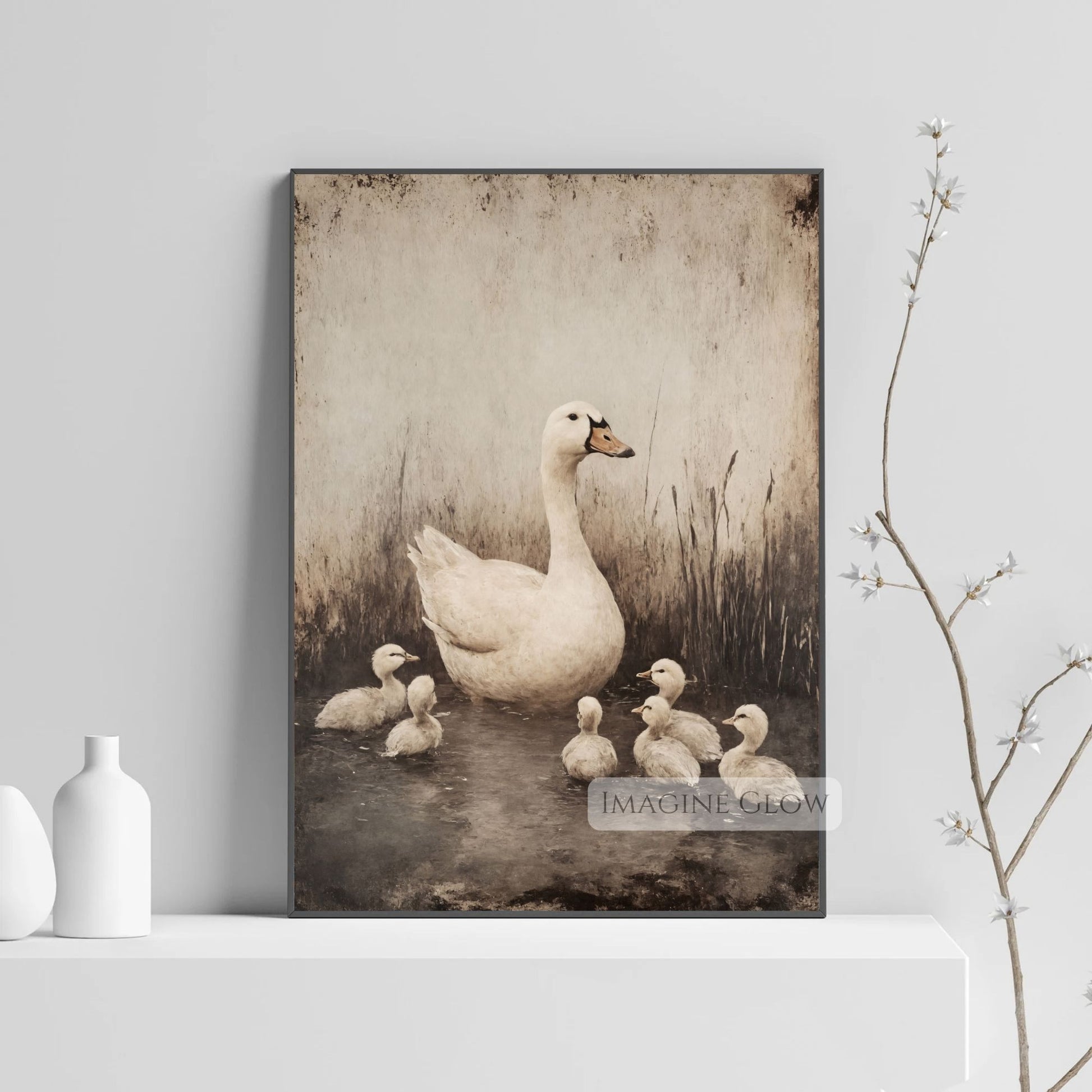 Farmhouse-style art featuring a goose family swimming