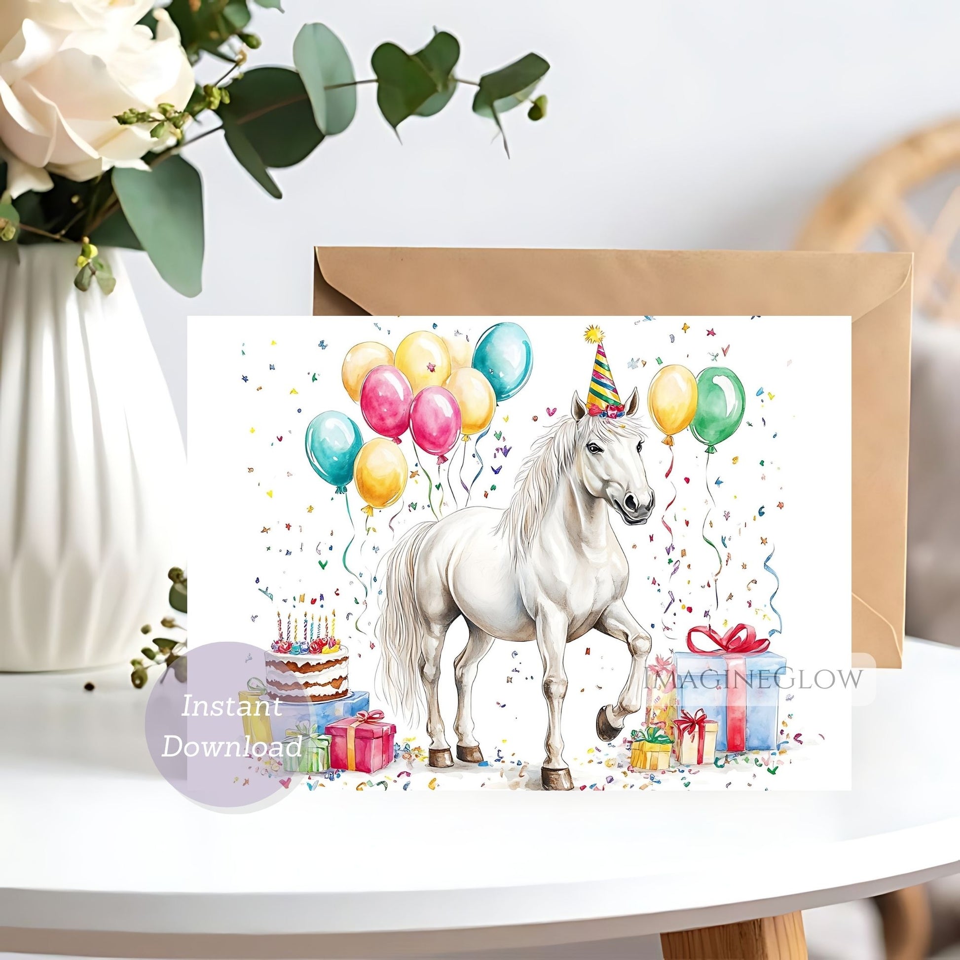 Birthday card with a horse, balloons, and gifts on a white surface.