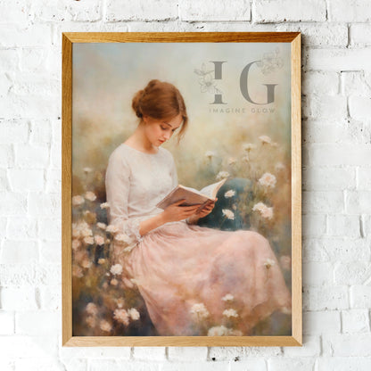 Serene scene of woman reading in blooming wildflower field for wall decor