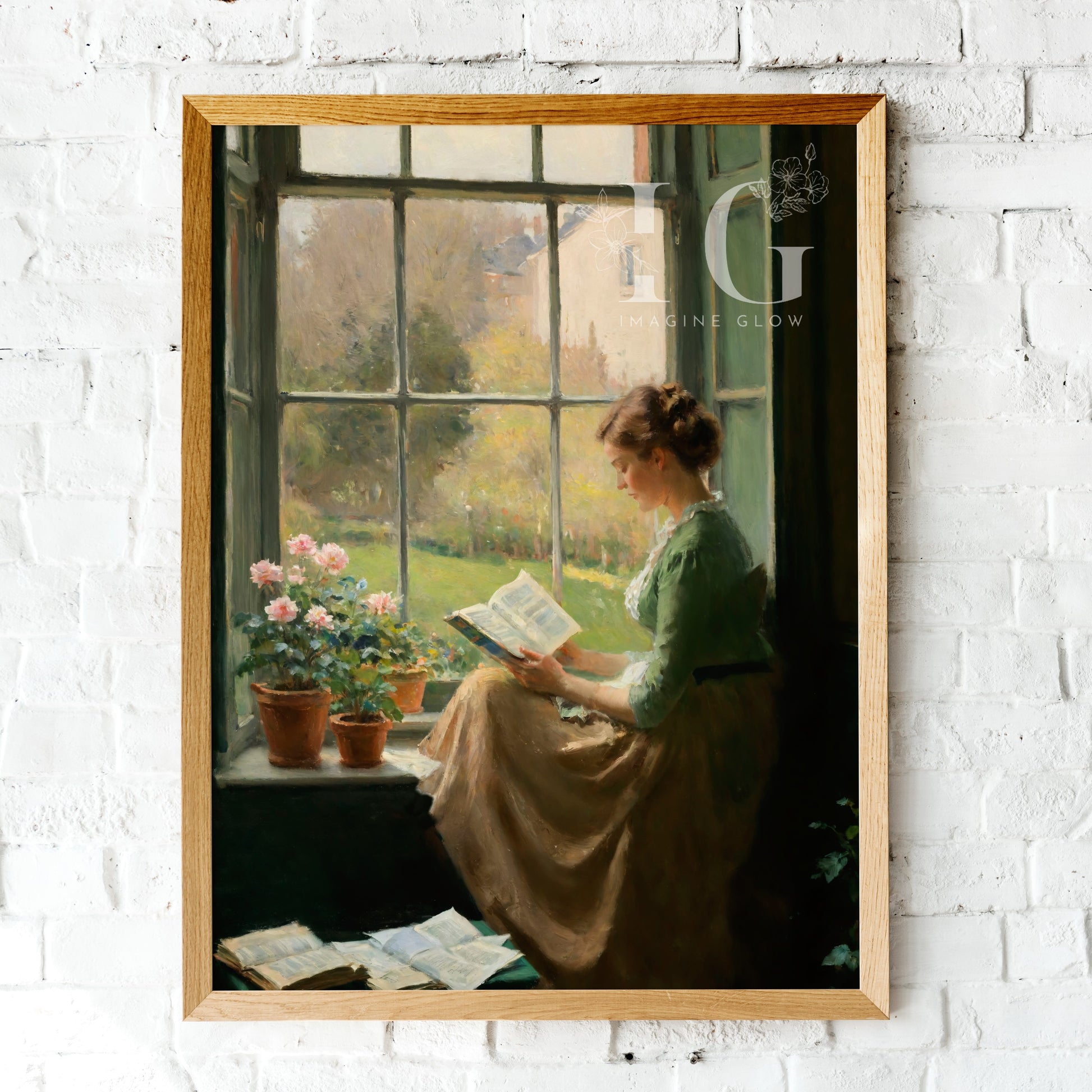 Serene wall decor of a woman reading near the window in vintage style