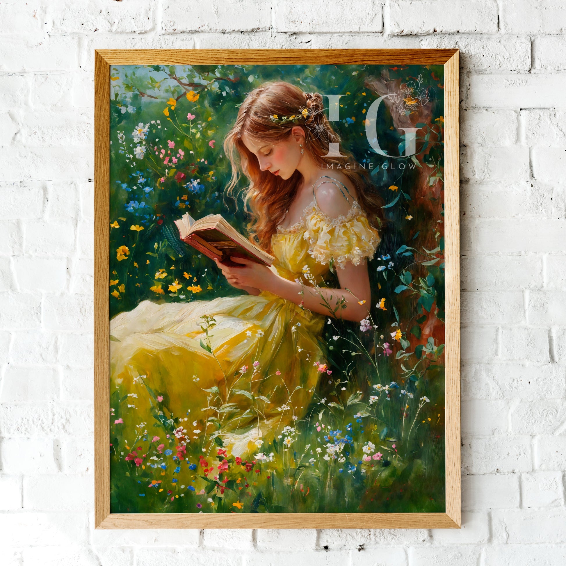 Antique-style artwork of a girl reading in a vibrant flower field