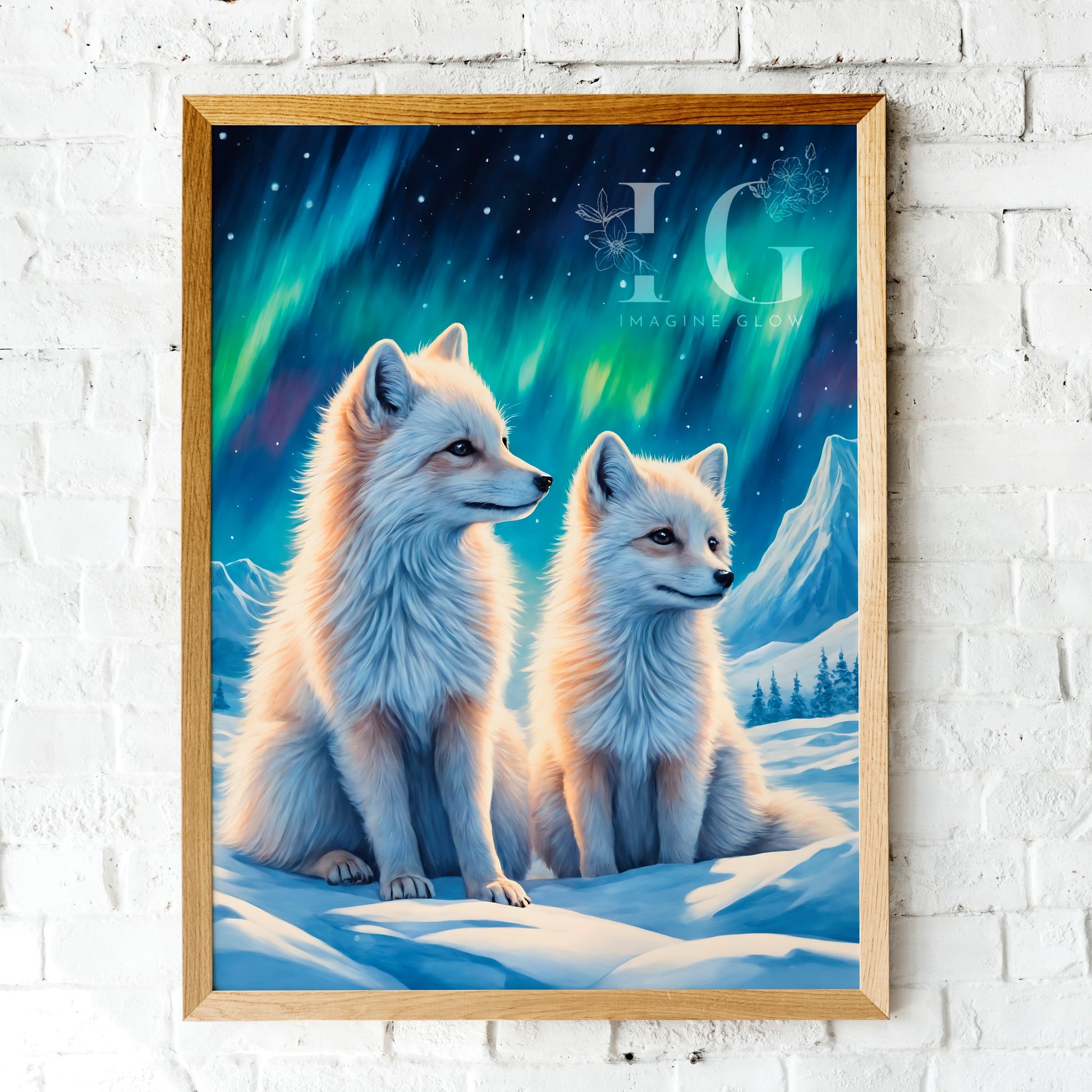 Digital art of an arctic fox with aurora borealis background, ready to print.